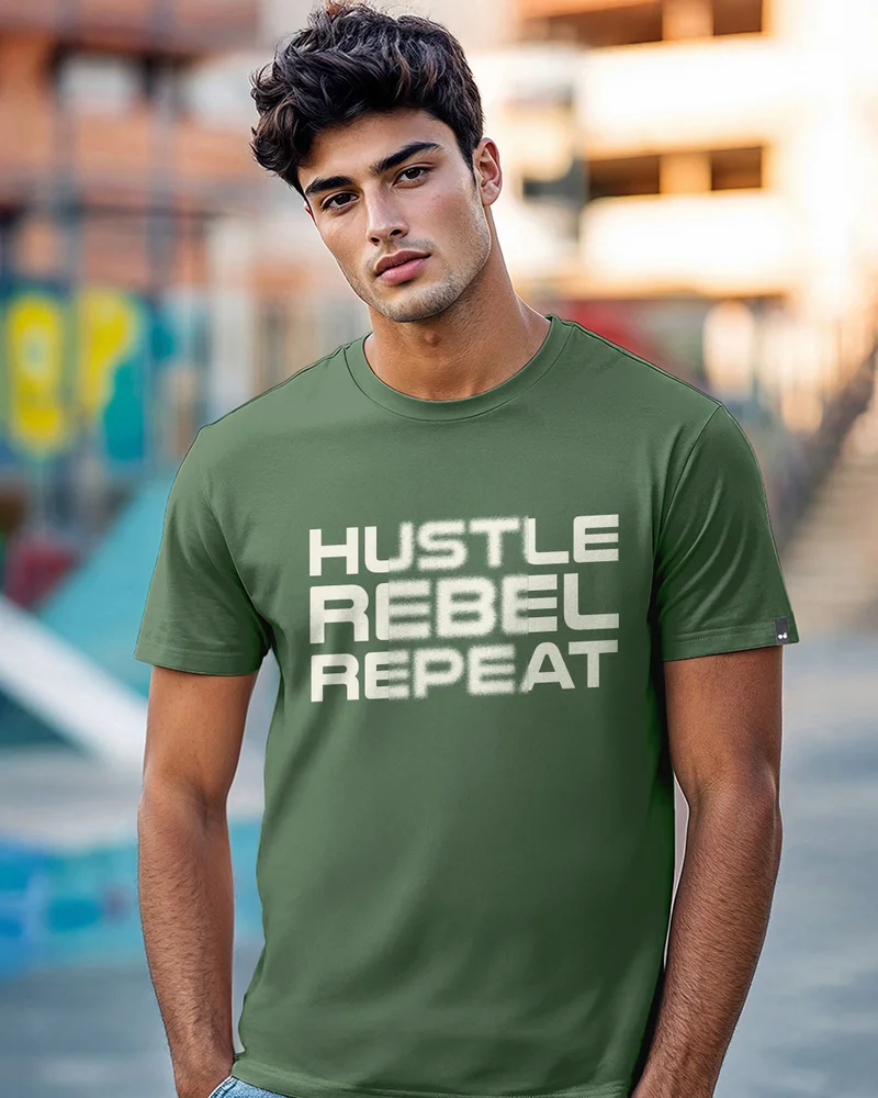 بيواكوف Men's Green Hustle Rebel Repeat Typography T-shirt
